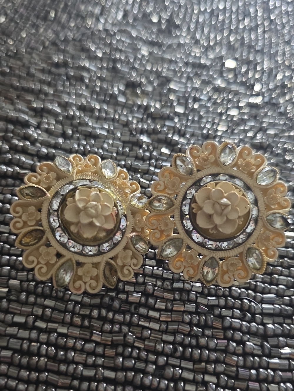 Vintage Cream and Gold Floral Disc Earrings